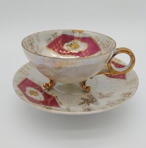 Vintage Tea Cup & Saucer Burgundy & Gold Three Footed Porcelain Luster